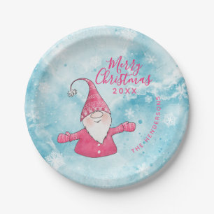Cute Gnome Pink and Blue Custom Merry Christmas Paper Plates