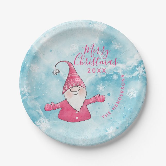Cute Gnome Pink and Blue Custom Merry Christmas Paper Plates (Front)