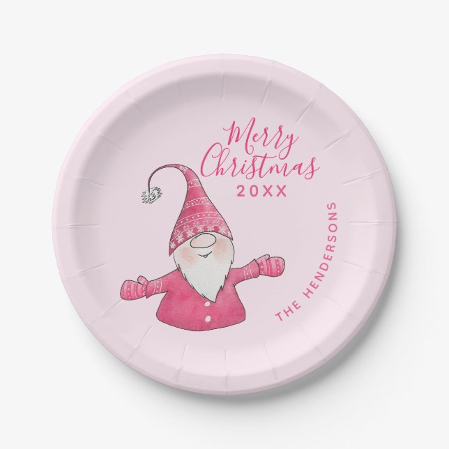 Cute Gnome Pink Custom Merry Christmas Paper Plates (Front)