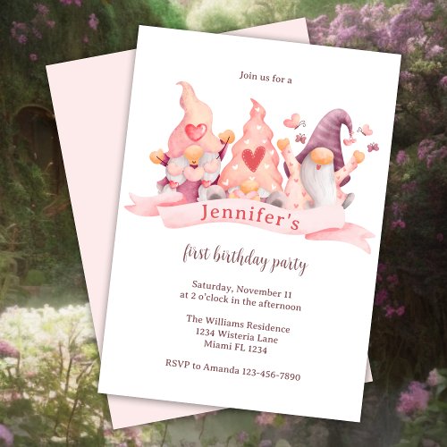 Cute Gnome Pink First Birthday Party Invitation