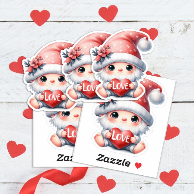 Cute Gnome Pink Red Heart Love Valentine's Day Sticker (Valentine's gnome sticker)