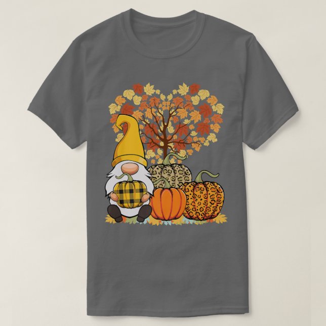 Cute Gnome Pumpkins Autumn Fall Yellow Leaf Fans T-Shirt (Design Front)