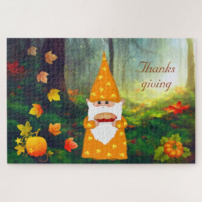 Cute Gnome, Pumpkins & Fall Leaves Thanksgiving Jigsaw Puzzle (Horizontal)