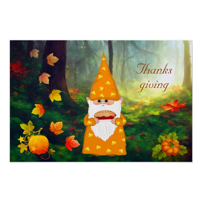 Cute Gnome, Pumpkins & Fall Leaves Thanksgiving Poster (Front)