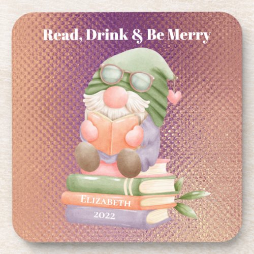 Cute Gnome Reading Book Rosegold Monogrammed Beverage Coaster