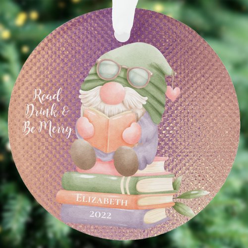 Cute Gnome Reading Book Rosegold Monogrammed  Ornament