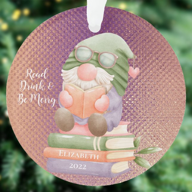 Cute Gnome Reading Book Rosegold Monogrammed  Ornament (Books Book Club Librariarn)