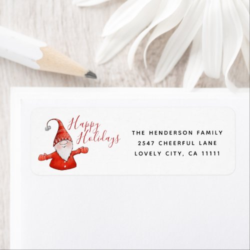 Cute Gnome Red and White Happy Holidays Christmas Label