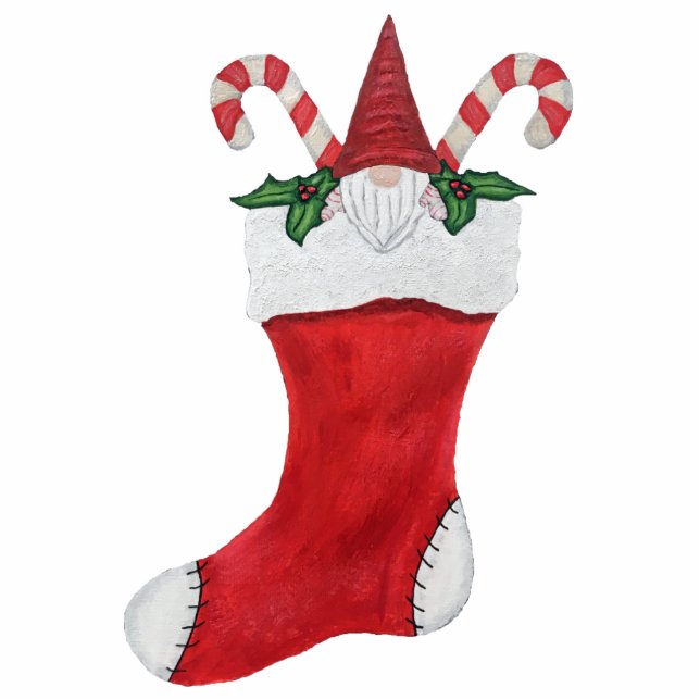 Cute Gnome Red Christmas Stocking Candy Canes Cutout (Front)