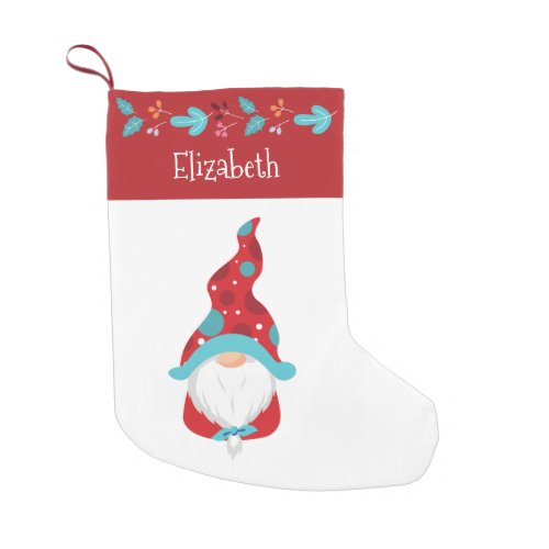 Cute Gnome Red Modern Leaf Border Holiday Name Small Christmas Stocking