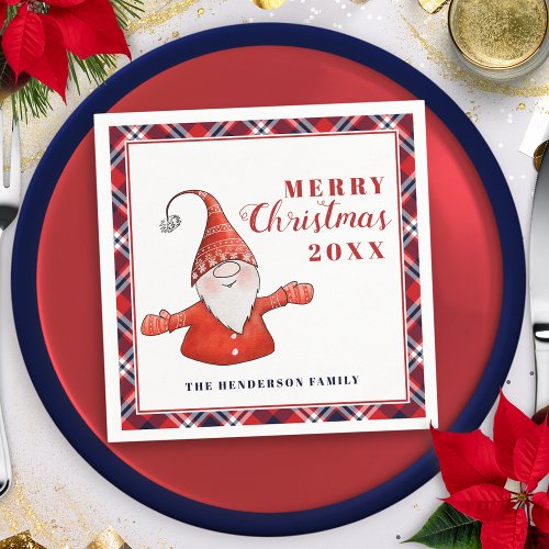 Cute Gnome Rustic Personalized Merry Christmas Napkins