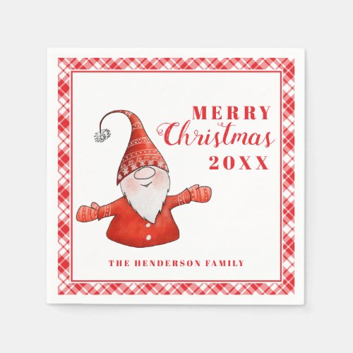 Cute Gnome Rustic White Red Merry Christmas Napkins