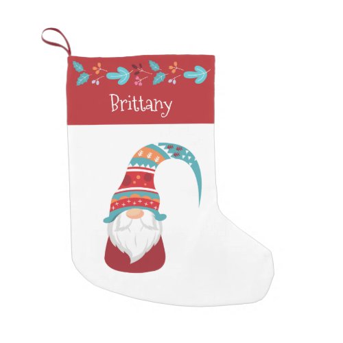 Cute Gnome Simple Modern Leaf Border Holiday Name Small Christmas Stocking