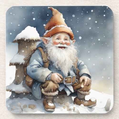 Cute Gnome Sitting by a Tree in the Snow Beverage Coaster