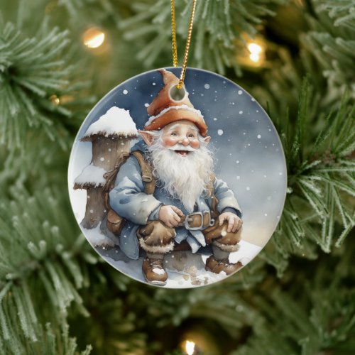 Cute Gnome Sitting by a Tree in the Snow Ceramic Ornament