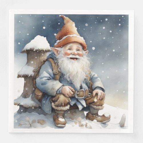 Cute Gnome Sitting by a Tree in the Snow Paper Dinner Napkins