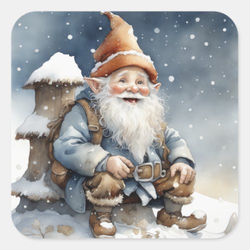 Cute Gnome Sitting by a Tree in the Snow Square Sticker