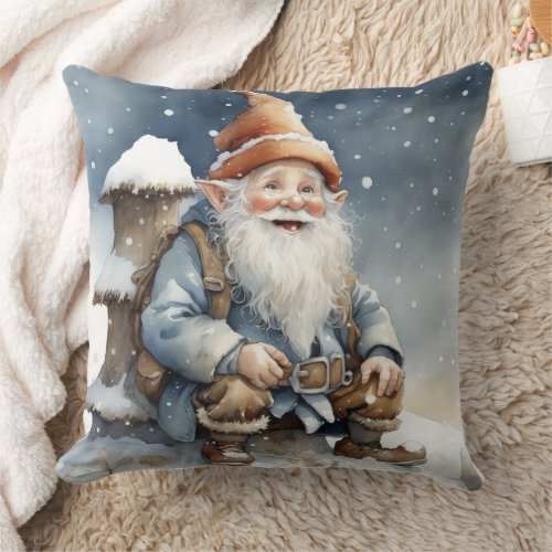 Cute Gnome Sitting by a Tree in the Snow Throw Pillow