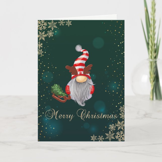 Cute Gnome Sleigh Snowflakes Holiday Card (Front)