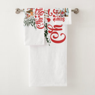 Cute Gnome, Snowman Celebrating Christmas Holiday Bath Towel Set