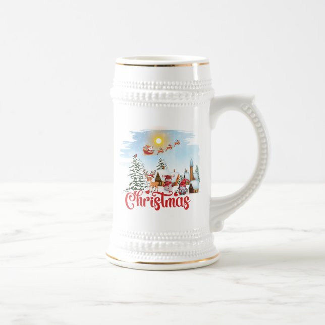 Cute Gnome, Snowman Celebrating Christmas Holiday Beer Stein (Right)