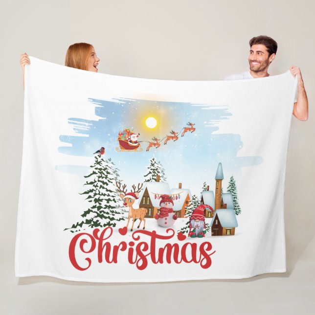 Cute Gnome, Snowman Celebrating Christmas Holiday Fleece Blanket (In Situ)