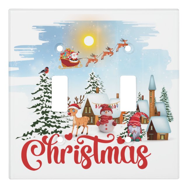 Cute Gnome, Snowman Celebrating Christmas Holiday Light Switch Cover (Front)