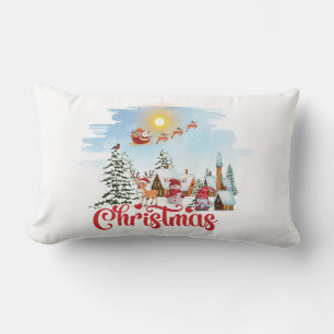 Cute Gnome, Snowman Celebrating Christmas Holiday Lumbar Pillow