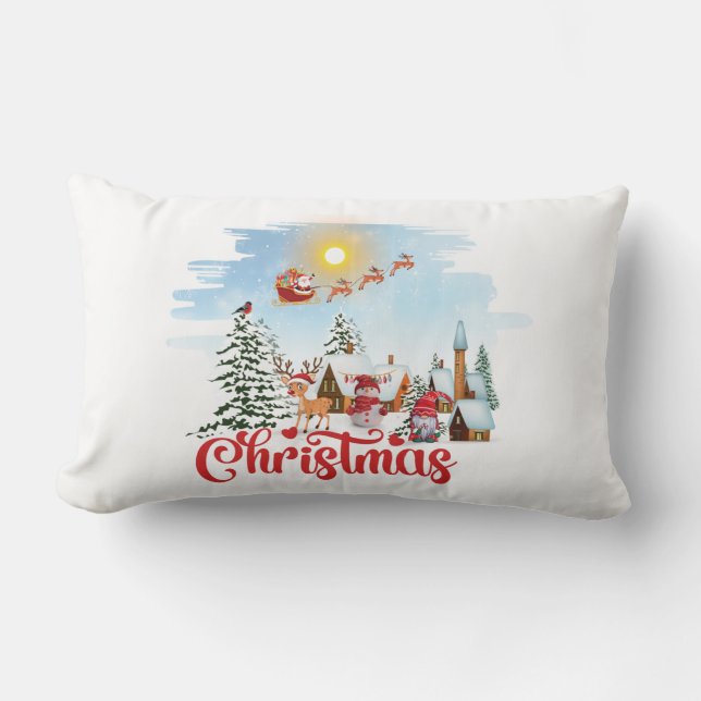Cute Gnome, Snowman Celebrating Christmas Holiday Lumbar Pillow (Front)