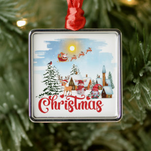 Cute Gnome, Snowman Celebrating Christmas Holiday Metal Ornament
