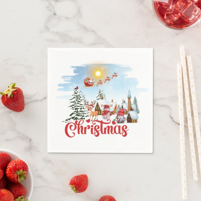 Cute Gnome, Snowman Celebrating Christmas Holiday Napkins (Insitu)