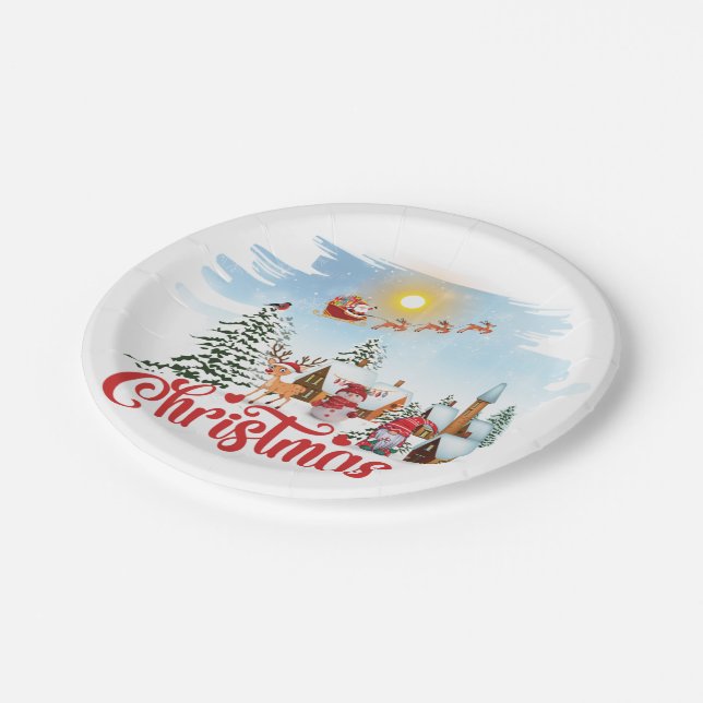 Cute Gnome, Snowman Celebrating Christmas Holiday Paper Plates (Angled)