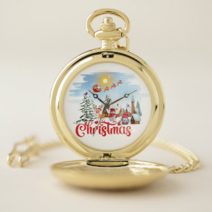 Cute Gnome, Snowman Celebrating Christmas Holiday Pocket Watch