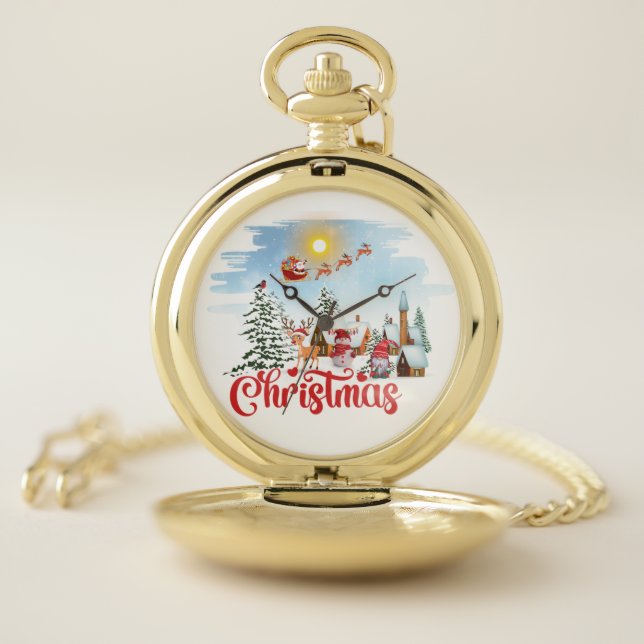Cute Gnome, Snowman Celebrating Christmas Holiday Pocket Watch (Inside)