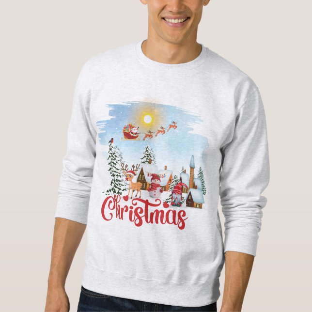 Cute Gnome, Snowman Celebrating Christmas Holiday Sweatshirt (Front)