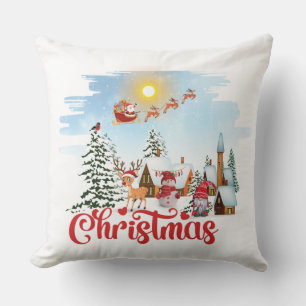 Cute Gnome, Snowman Celebrating Christmas Holiday Throw Pillow