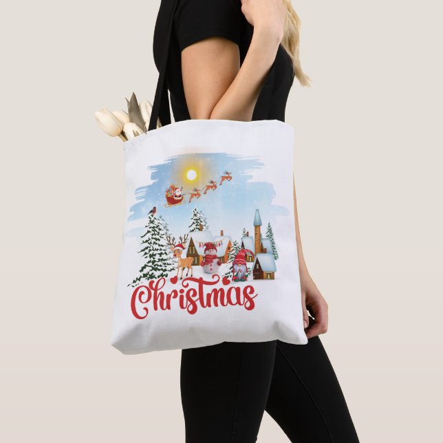 Cute Gnome, Snowman Celebrating Christmas Holiday Tote Bag (Close Up)