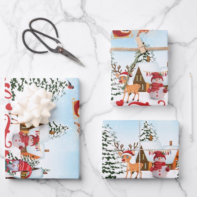 Cute Gnome, Snowman Celebrating Christmas Holiday Wrapping Paper Sheets (Front)