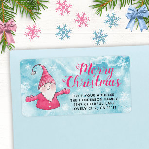 Cute Gnome Snowy Blue and Pink Merry Christmas Label