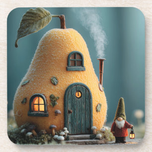 Cute Gnome Standing by a Pear Fairy Cottage Beverage Coaster