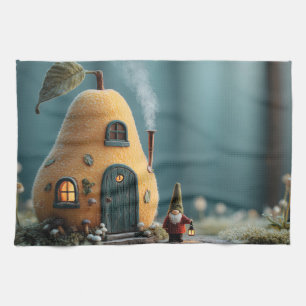 Cute Gnome Standing by a Pear Fairy Cottage Kitchen Towel