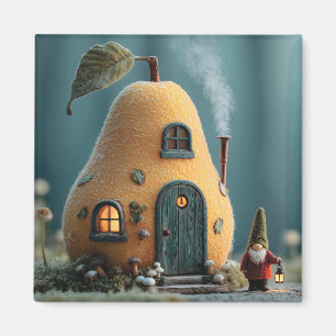 Cute Gnome Standing by a Pear Fairy Cottage Magnet