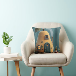 Cute Gnome Standing by a Pear Fairy Cottage Throw Pillow