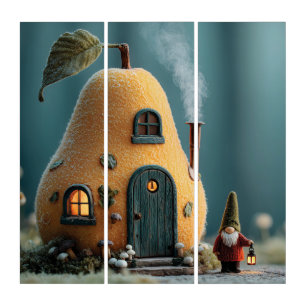 Cute Gnome Standing by a Pear Fairy Cottage Triptych