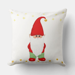 Cute Gnome, Stars and Gold Confetti on White Throw Pillow