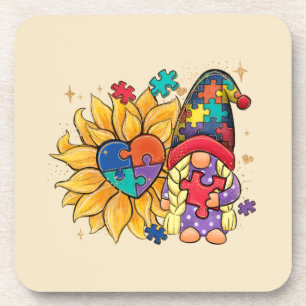 Cute Gnome, Sunflower & Heart Autism Awareness Beverage Coaster