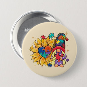 Cute Gnome, Sunflower & Heart Autism Awareness Button