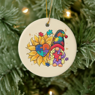 Cute Gnome, Sunflower & Heart Autism Awareness Ceramic Ornament