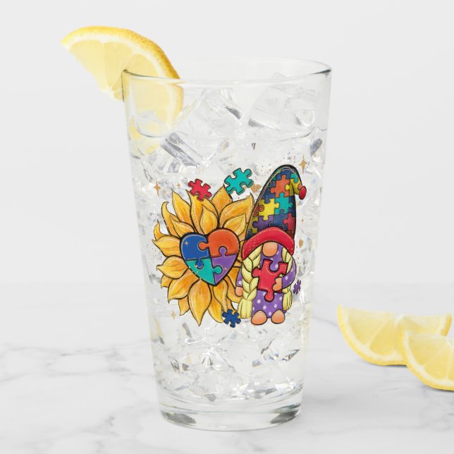 Cute Gnome, Sunflower & Heart Autism Awareness Glass (Front Ice)