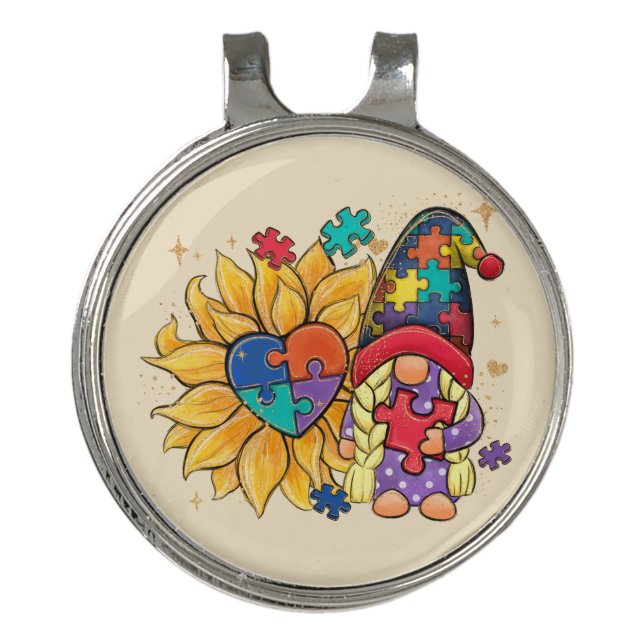 Cute Gnome, Sunflower & Heart Autism Awareness Golf Hat Clip (Front)